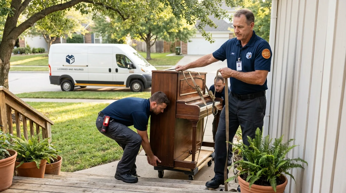 Licensed piano movers securing grand piano in Collinsville, AL