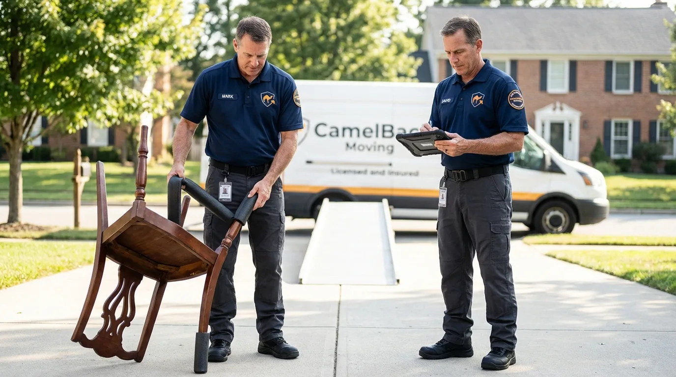 Movers inspecting furniture for damage prevention before loading in Collinsville, AL