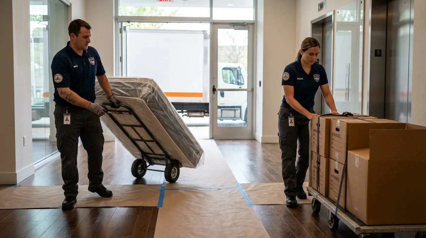 Professional apartment movers loading elevator in Collinsville, AL