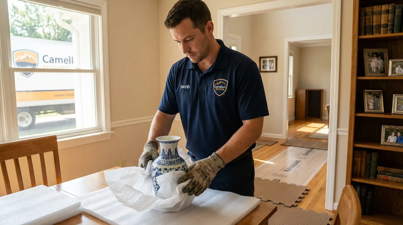Professional crew carefully wrapping antique vase for senior downsizing move in Collinsville, AL
